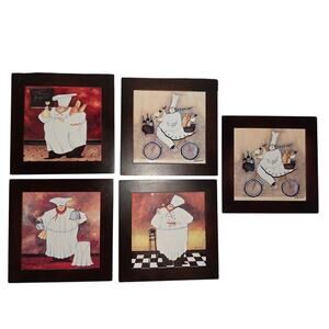 Jennifer Garant “Fat Chef” Set of 5 Framed Ceramic Tile Trivets / Wall Hangings